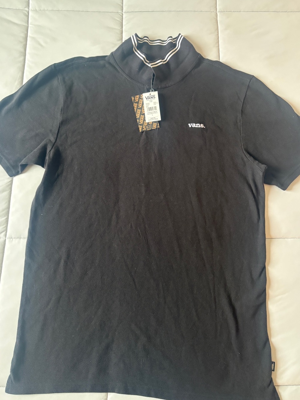 Vans Black Short-Sleeve Polo with Striped Stand Collar